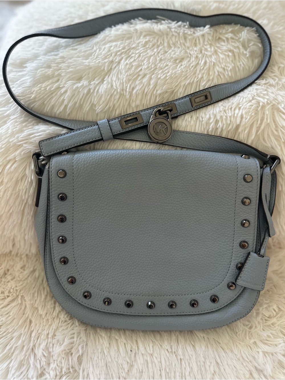 Michael Kors Powder Blue Pebbled Leather Studded Saddle Crossbody Bag Gunmetal